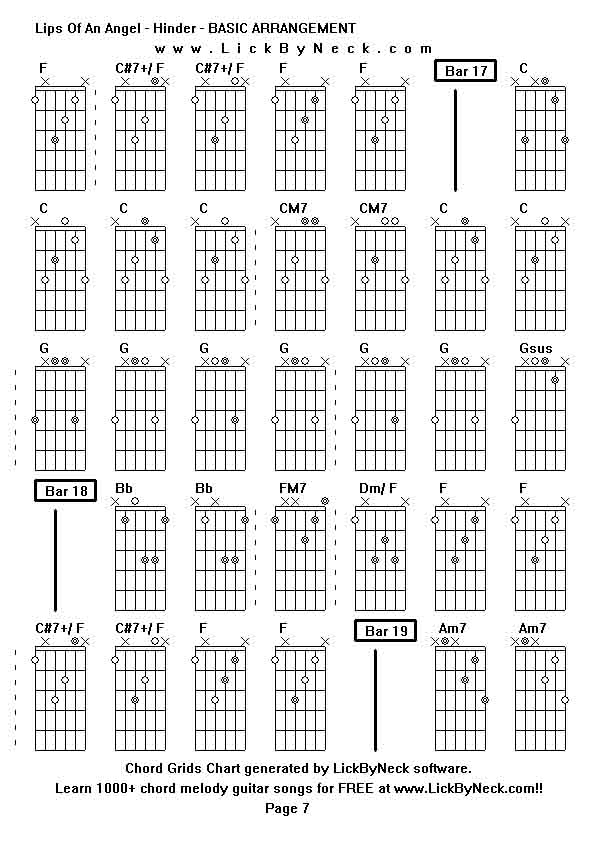 Chord Grids Chart of chord melody fingerstyle guitar song-Lips Of An Angel - Hinder - BASIC ARRANGEMENT,generated by LickByNeck software.